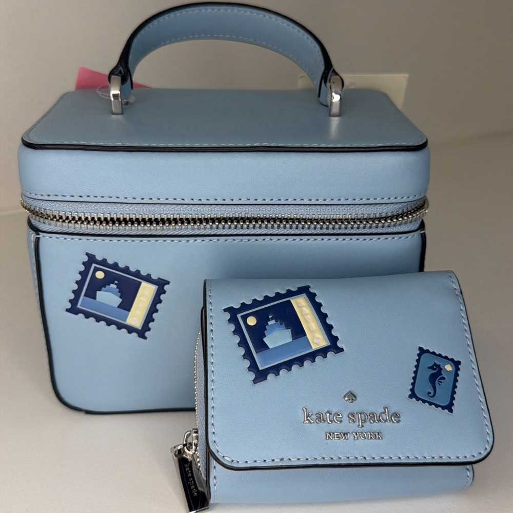 Kate Spade Light Blue Stamp-Decorated crossbody Bag with matching wallet
